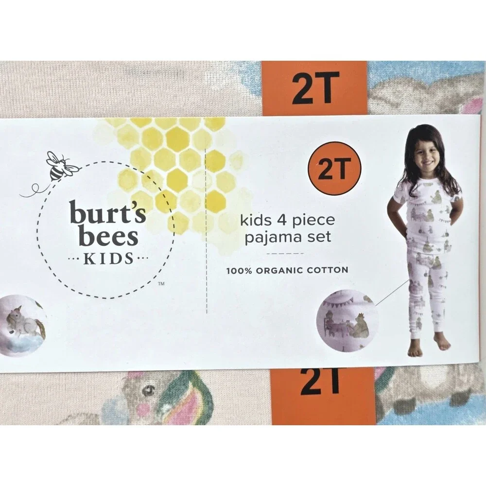 Burt's Bees 4pc Pajama Set 100% Organic Cotton Unicorn Tea Party Pink Girls 2T
